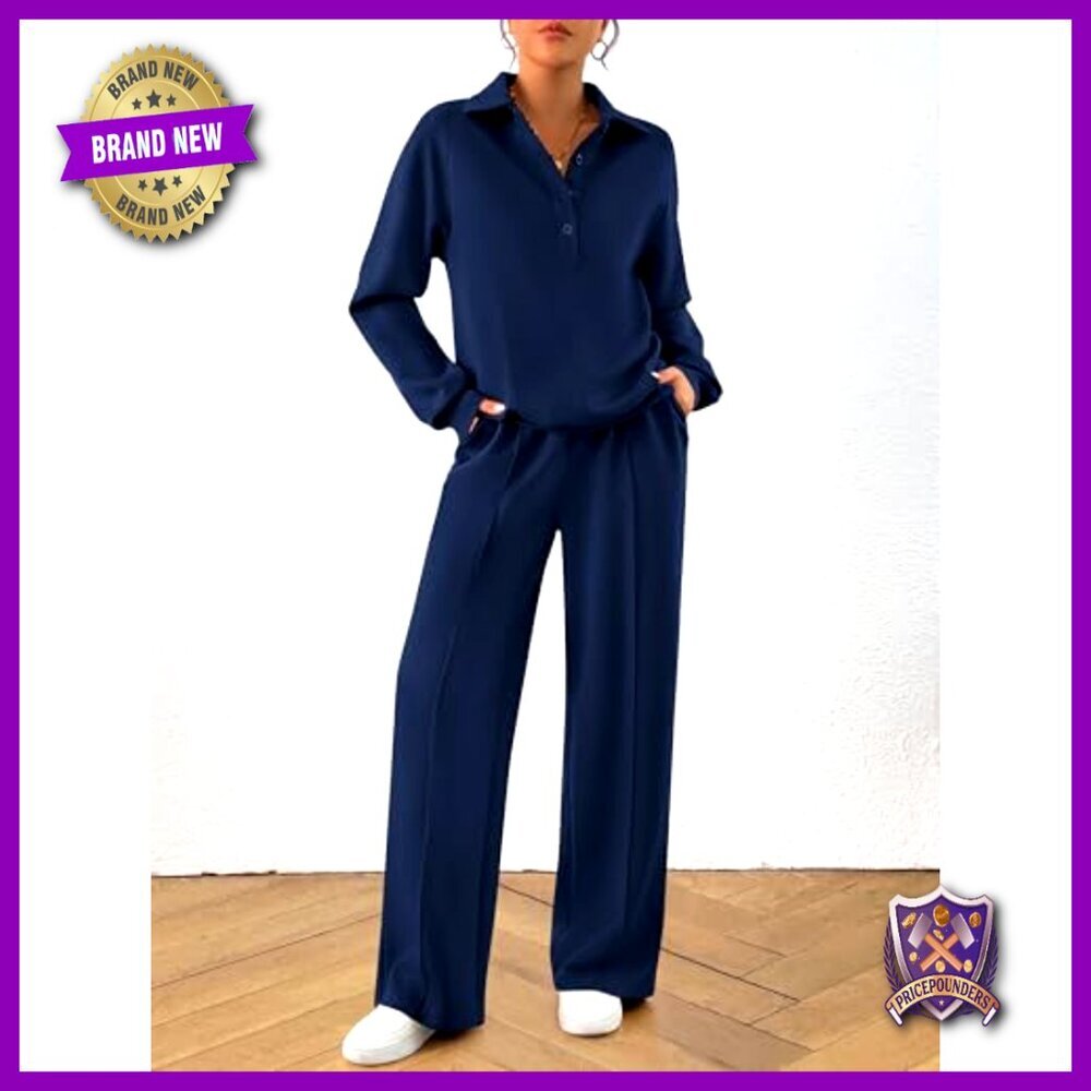 Quarter Button Sweatshirt Wide Leg Pants Lounge Set Tracksuit Cozy Chic - Picture 2 of 7